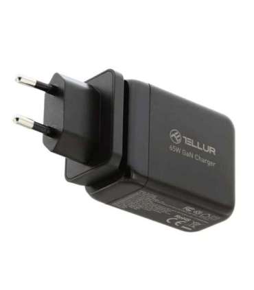 Tellur GaN 65W 3-port wall charger, 2xUSB-C + USB-A, EU,UK,US, black