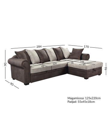 Угловой диван-кровать LUCREZIA 284x90/170xH90cм, ПУ, с ящиком для белья, материал покрытия: ткань, коричневый/ бежевый