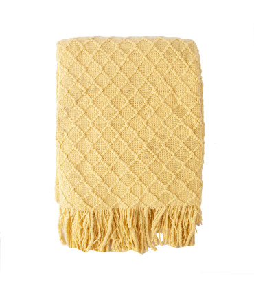 Плед с бахромой FELICE, 130x170см, жёлтый, ромбическая плетение