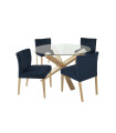 Söögilauakomplekt TURIN 4-tooliga (11326) klaasplaadiga tammepuidust jalgaega laud, tumesinise kattega toolid