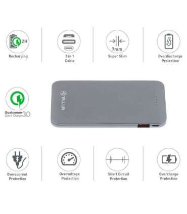 Tellur Power Bank QC 3.0 Fast Charge, 5000mAh, 3in1 gray