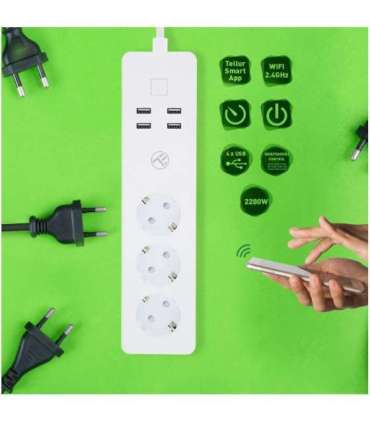 Tellur WiFi Power Strip, 3 Outlets, 4*USB 4A, 2200W, 10A, 1.8m