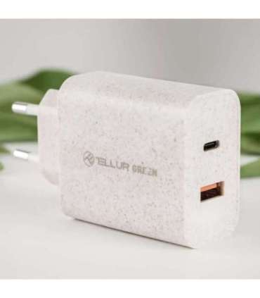 Tellur Green 38W dual port charger Type-C PD20W + USB QC3.0, cream