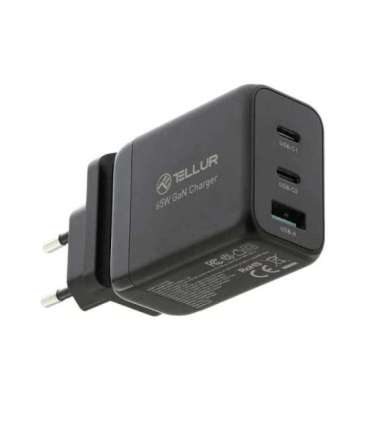 Tellur GaN 65W 3-port wall charger, 2xUSB-C + USB-A, EU,UK,US, black