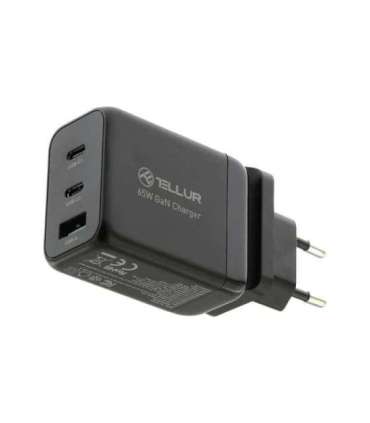 Tellur GaN 65W 3-port wall charger, 2xUSB-C + USB-A, EU,UK,US, black