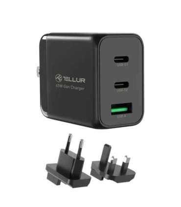 Tellur GaN 65W 3-port wall charger, 2xUSB-C + USB-A, EU,UK,US, black