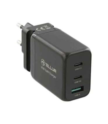 Tellur GaN 65W 3-port wall charger, 2xUSB-C + USB-A, EU,UK,US, black