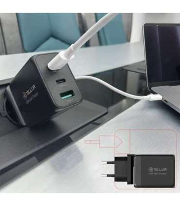 Tellur GaN 65W 3-port wall charger, 2xUSB-C + USB-A, EU,UK,US, black