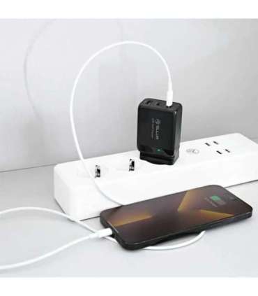 Tellur GaN 65W 3-port wall charger, 2xUSB-C + USB-A, EU,UK,US, black