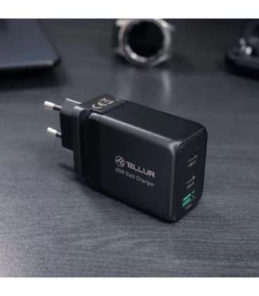 Tellur GaN 65W 3-port wall charger, 2xUSB-C + USB-A, EU,UK,US, black