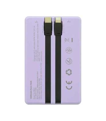 Tellur Power Bank 10000mAh, USB-C + Lightning cables built-in  purple