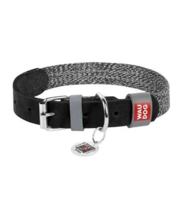 Dog collar made of natural leather and recycled material with QR code Waudog size S, width 15 mm, black