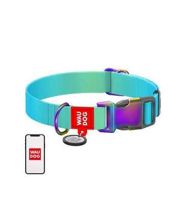 Nylon dog collar with QR code WAUDOG 15 mm wide, 25-35 cm long blue