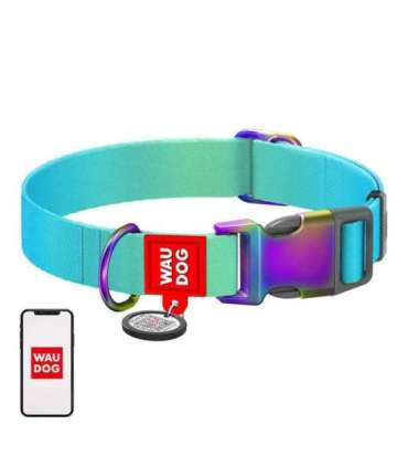Nylon dog collar with QR code WAUDOG 15 mm wide, 25-35 cm long blue
