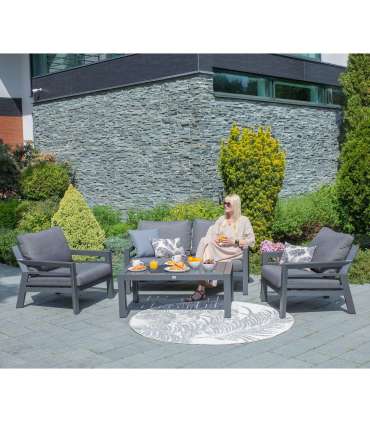 Комплект садовой мебели TOMSON стол, диван и 2 стула, темно-серая алюминиевая рама, серые подушки
