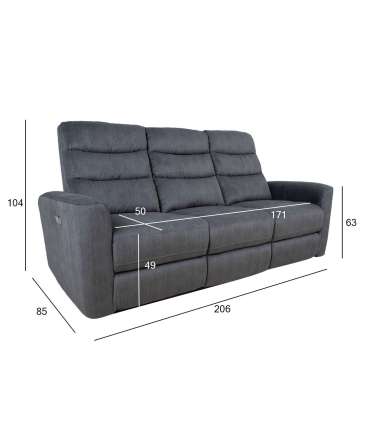 Diivan GASTON 3-kohaline elektriline recliner 206x85xH104cm, hall samet