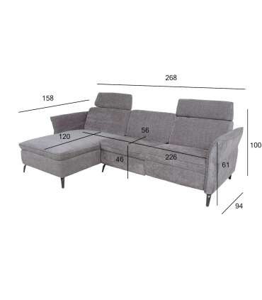 Nurgadiivan DAYTON VN, elektriline recliner 268x157/94xH100cm, helehall