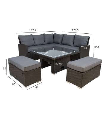 Комплект садовой мебели MADRID угловой диван, стол и 2 пуфики