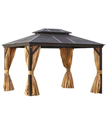 Шатёр SUNSET 3x4x2/2,7м, коричневая алюминиевая рама, металлическая крыша, по бокам бежевые стенки и сетки из textiline