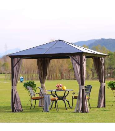 Шатёр SUNSET 3x3x2,67м, коричневая алюминиевая рама, поликарбонатная крыша, по бокам бежевые стенки и сетки из нейлон