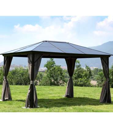 Шатёр SUNSET 3x4x2/2,7м, коричневая алюминиевая рама, поликарбонатная крыша, по бокам бежевые стенки и сетки из нейлон