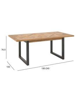 Обеденный стол INDUS 190 / 240x100xH76,5см, столешница из дубового шпона, мозаика, металлические ножки серого цвета