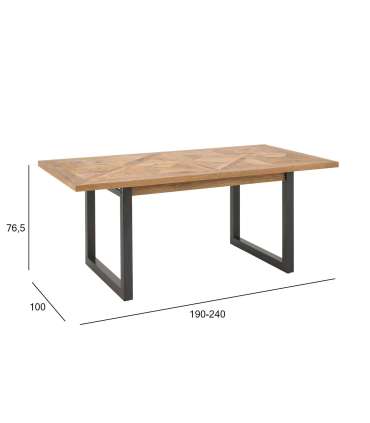 Обеденный стол INDUS 190 / 240x100xH76,5см, столешница из дубового шпона, мозаика, металлические ножки серого цвета