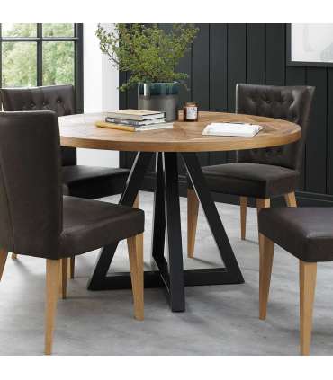 Обеденный стол INDUS D125xH76,6см, столешница из мозаичного дубового шпона, металлический каркас серого цвета