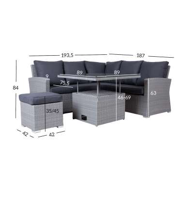 Aiamööblikomplekt SAMUEL laud, nurgadiivan ja tumba