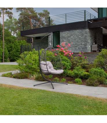 Подвесное кресло YOYO с белыми подушками, 100x95/110xH196см, ножка: чёрная стальная труба, сиденье: плетение из пластика