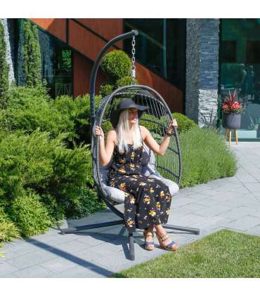 Подвесное кресло YOYO с белыми подушками, 100x95/110xH196см, ножка: чёрная стальная труба, сиденье: плетение из пластика