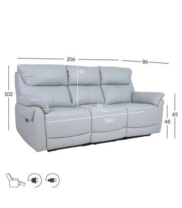 Diivan BOWEN 3-kohaline elektriline recliner 206x86xH102cm, hallikasbeež naturaalne nahk