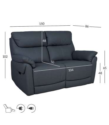 Diivan BOWEN 2-kohaline elektriline recliner 150x86xH102cm, tumehall naturaalne nahk