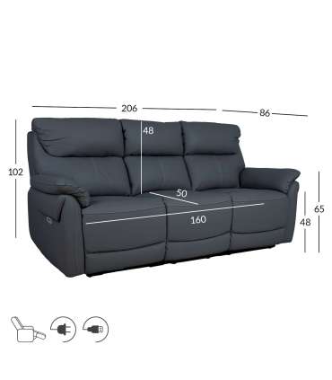 Diivan BOWEN 3-kohaline elektriline recliner 206x86xH102cm, tumehall naturaalne nahk