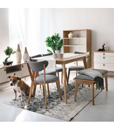 Обеденный комплект JONNA 4-стула и скамья (10515, 10516), cтолешница: шпон дуба МДФ, ножки и рама: каучуковое дерево