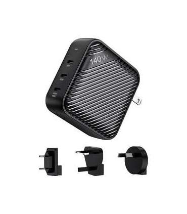 Wall charger INVZI GanHub 3x USB-C, 140W, EU/UK/AU/US (black)