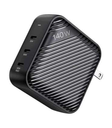 Wall charger INVZI GanHub 3x USB-C, 140W, EU/UK/AU/US (black)