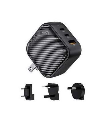INVZI GanHub 2x USB-C + USB wall charger, 65W, EU/UK/AU/US (black)