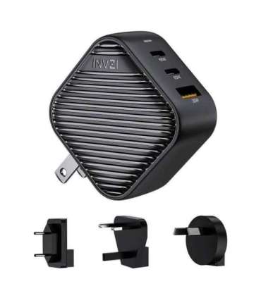 INVZI GanHub 2x USB-C + USB wall charger, 65W, EU/UK/AU/US (black)