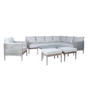 Aiamööblikomplekt MEDINA laud, nurgadiivan, tugitool ja 2 tumbat