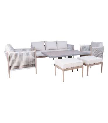 Aiamööblikomplekt MEDINA laud, diivan, 2 tugitooli ja 2 tumbat, beež