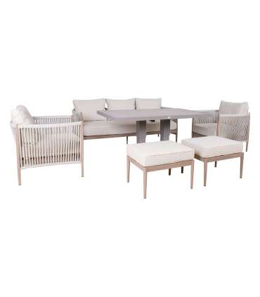 Aiamööblikomplekt MEDINA laud, diivan, 2 tugitooli ja 2 tumbat, beež