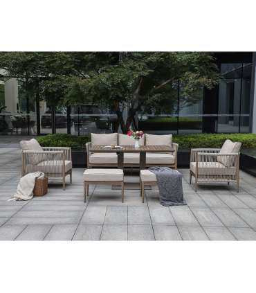 Aiamööblikomplekt MEDINA laud, diivan, 2 tugitooli ja 2 tumbat, beež