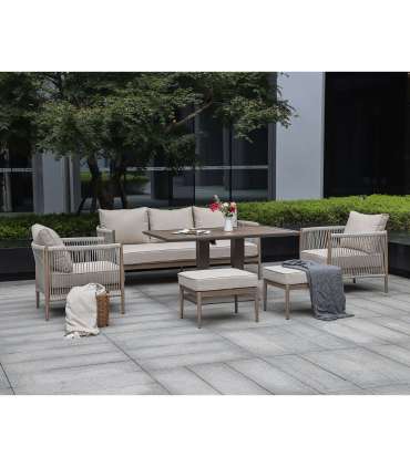Aiamööblikomplekt MEDINA laud, diivan, 2 tugitooli ja 2 tumbat, beež