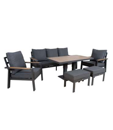 Aiamööblikomplekt PARKER laud, diivan, 2 tugitooli ja 2 tumbat, hall