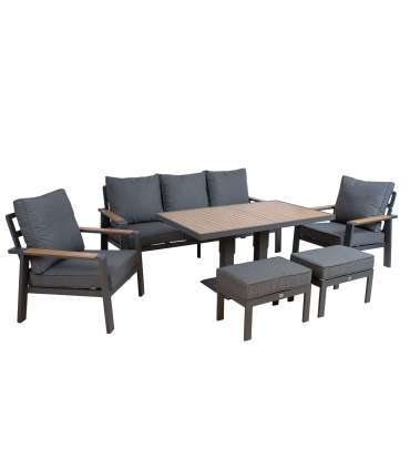 Aiamööblikomplekt PARKER laud, diivan, 2 tugitooli ja 2 tumbat, hall