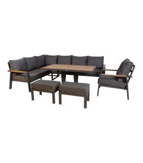 Aiamööblikomplekt PARKER laud, nurgadiivan, tugitool ja 2 tumbat, hall