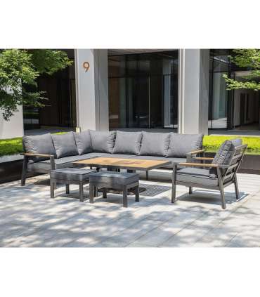 Aiamööblikomplekt PARKER laud, nurgadiivan, tugitool ja 2 tumbat, hall