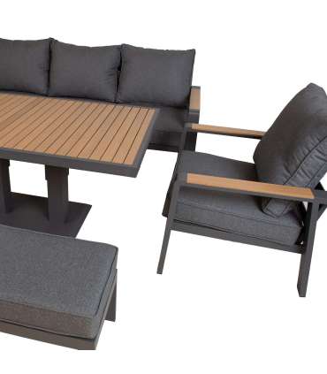 Aiamööblikomplekt PARKER laud, nurgadiivan, tugitool ja 2 tumbat, hall