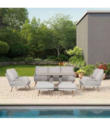 Aiamööblikomplekt MARENDA laud, diivan, 2 tugitooli ja 2 tumbat, hall/beež